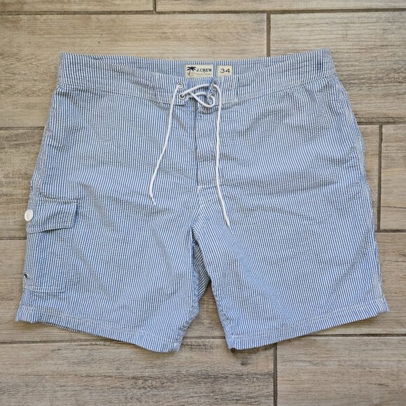 J. Crew Blue Seersucker Lined Swim Trunks Men's Beach Pool Resort Drawstring 34 - Picture 1 of 5